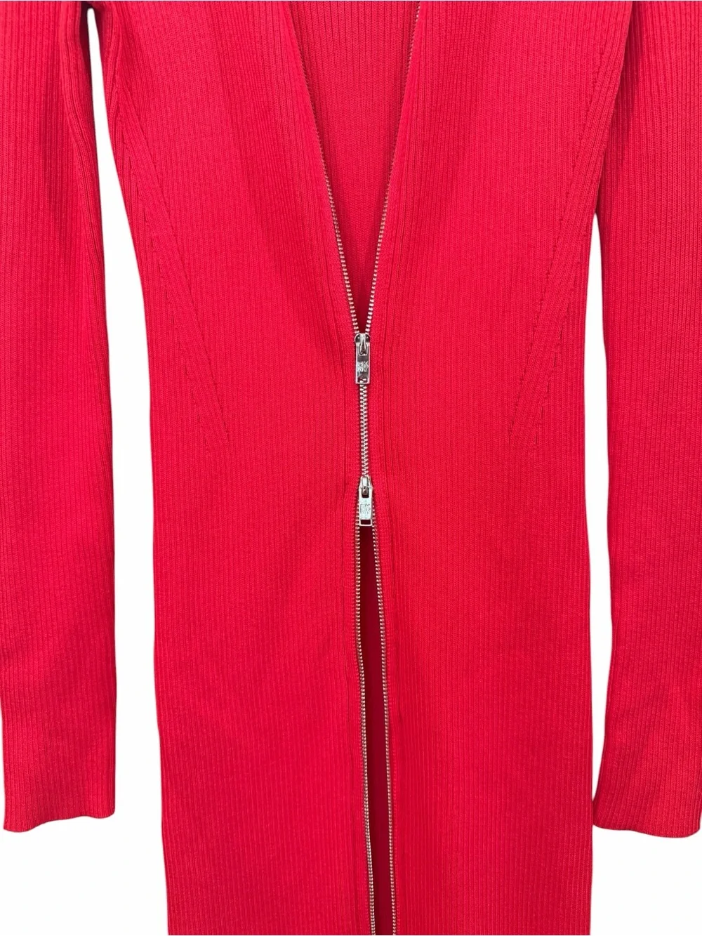 DKNY Ribbed Knit Two Way Zip Cardigan Dress Long Duster Long Sleeve Red XS NWT
